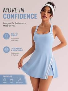 Sovereign Charm Women's Light Blue White Trim Spaghetti Strap Tennis Dress With Side Diagonal Slit And Built-In Safety Shorts, Slim Fit Outdoor Sports Mini Dress - Baby Blue - View 3