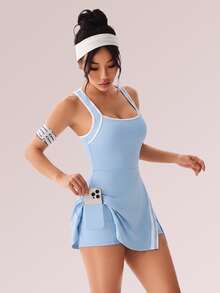 Sovereign Charm Women's Light Blue White Trim Spaghetti Strap Tennis Dress With Side Diagonal Slit And Built-In Safety Shorts, Slim Fit Outdoor Sports Mini Dress - Baby Blue - View 5