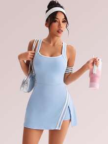 Sovereign Charm Women's Light Blue White Trim Spaghetti Strap Tennis Dress With Side Diagonal Slit And Built-In Safety Shorts, Slim Fit Outdoor Sports Mini Dress - Baby Blue - View 4