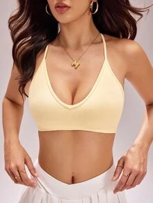 Sovereign Charm Women's Solid Color Criss-Cross Back Everyday Modest Athleisure Fitness Sports Bra Gym Pale Yellow Summer Gym - Light Yellow - View 4