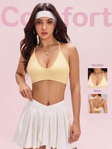 Sovereign Charm Women's Solid Color Criss-Cross Back Everyday Modest Athleisure Fitness Sports Bra Gym Pale Yellow Summer Gym - Light Yellow - View 1