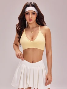 Sovereign Charm Women's Solid Color Criss-Cross Back Everyday Modest Athleisure Fitness Sports Bra Gym Pale Yellow Summer Gym - Light Yellow - View 8
