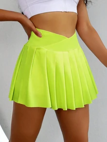 SHEIN Sovereign Charm Women's Solid Color Pocket Casual Versatile Daily Wear & Sports Skort - Green - View 4