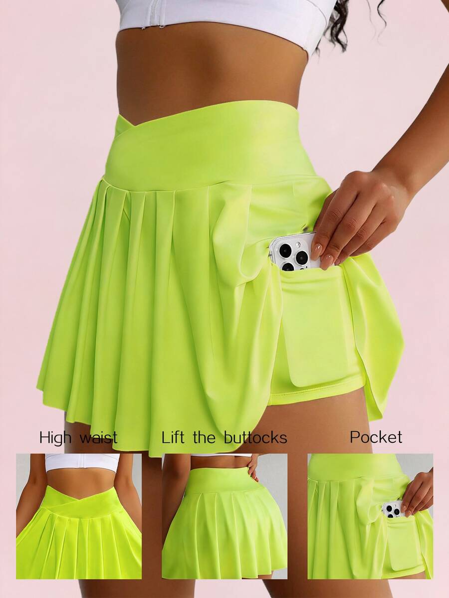 SHEIN Sovereign Charm Women's Solid Color Pocket Casual Versatile Daily Wear & Sports Skort - Green - View 1