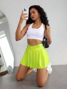SHEIN Sovereign Charm Women's Solid Color Pocket Casual Versatile Daily Wear & Sports Skort - Green - View 3