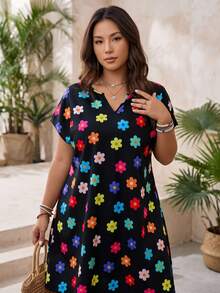SHEIN LUNE Plus Size Colorful Floral Print Batwing Short Sleeve Vacation Dress With Notched Neck For Women, For Summer,Beach Dress Sundress,Holiday Outfits Boho - Black - View 1