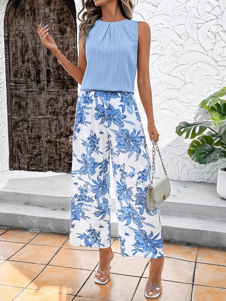 SHEIN Clasi Women's Crew Neck Sleeveless Pleated Aqua Blue Blue And White Floral Wide Leg Pants Summer 2 Pc Sets Boho Tropical Holiday Tea Party Beach Vacation - Multicolor - View 5