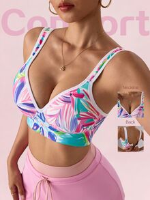 SHEIN Sovereign Charm Sports Macaron Bra With Pink Floral Print, High Support, Fixed Cups, Breast Shaping, Adjustable Shoulder Straps, Waist Buckle, Beautiful Back Lingerie - Multicolor - View 1