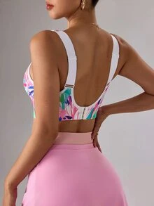 SHEIN Sovereign Charm Sports Macaron Bra With Pink Floral Print, High Support, Fixed Cups, Breast Shaping, Adjustable Shoulder Straps, Waist Buckle, Beautiful Back Lingerie - Multicolor - View 2