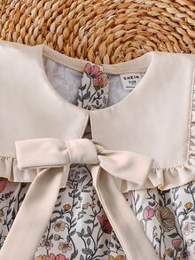 SHEIN Young Girl Woven Floral Patchwork Contrast Color Ruffle Hem Peter Pan Collar 3D Bow Casual Dress - Multicolor - View 8