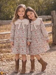 SHEIN Young Girl Woven Floral Patchwork Contrast Color Ruffle Hem Peter Pan Collar 3D Bow Casual Dress - Multicolor - View 3