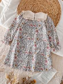 SHEIN Young Girl Woven Floral Patchwork Contrast Color Ruffle Hem Peter Pan Collar 3D Bow Casual Dress - Multicolor - View 7