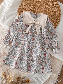 SHEIN Young Girl Woven Floral Patchwork Contrast Color Ruffle Hem Peter Pan Collar 3D Bow Casual Dress - Multicolor - View 6