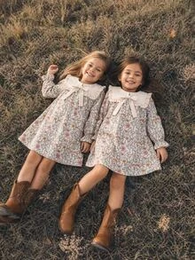 SHEIN Young Girl Woven Floral Patchwork Contrast Color Ruffle Hem Peter Pan Collar 3D Bow Casual Dress - Multicolor - View 4