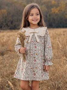 SHEIN Young Girl Woven Floral Patchwork Contrast Color Ruffle Hem Peter Pan Collar 3D Bow Casual Dress - Multicolor - View 1