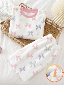 女童圓領法蘭絨居家服套裝，柔軟甜美彩色蝴蝶結雙面法蘭絨面料，親膚寬鬆落肩長袖直筒褲，休閒版型秋冬保暖內裡睡衣 2 件套 - 白色 - 查看 4
