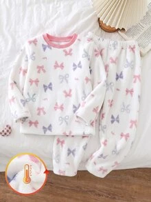 女童圓領法蘭絨居家服套裝，柔軟甜美彩色蝴蝶結雙面法蘭絨面料，親膚寬鬆落肩長袖直筒褲，休閒版型秋冬保暖內裡睡衣 2 件套 - 白色 - 查看 2