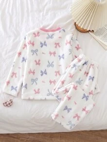 女童圓領法蘭絨居家服套裝，柔軟甜美彩色蝴蝶結雙面法蘭絨面料，親膚寬鬆落肩長袖直筒褲，休閒版型秋冬保暖內裡睡衣 2 件套 - 白色 - 查看 3