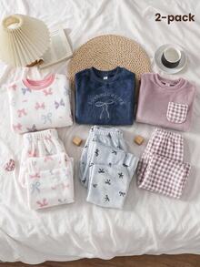 女童圓領法蘭絨居家服套裝，柔軟甜美彩色蝴蝶結雙面法蘭絨面料，親膚寬鬆落肩長袖直筒褲，休閒版型秋冬保暖內裡睡衣 2 件套 - 白色 - 查看 1