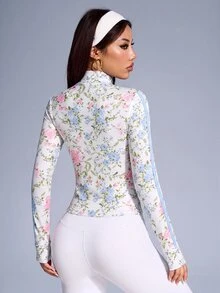SHEIN Sovereign Charm Women's Floral Print Long Sleeve Zip-Up Sports Jacket - Multicolor - View 2