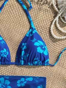 SHEIN Swim 女士夏季海滩花卉印花吊带前系带性感比基尼套装，带罩衫和迷你裙 - 彩色 - 查看 3