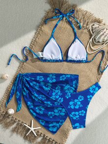 SHEIN Swim 女士夏季海滩花卉印花吊带前系带性感比基尼套装，带罩衫和迷你裙 - 彩色 - 查看 4