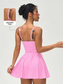 SHEIN Sovereign Charm Gaun Olahraga Wanita Motif Polkadot dengan Tali Bahu Tipis dan Kantong - Berwarna merah muda - View 4