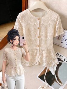 Weeklong Plus Size Women's Vacation Casual Commute Round Neck Hollow Out Woven Tape Lining Short Sleeve Blouse - Apricot - View 1