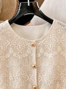 Weeklong Plus Size Women's Vacation Casual Commute Round Neck Hollow Out Woven Tape Lining Short Sleeve Blouse - Apricot - View 4