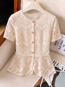 Weeklong Plus Size Women's Vacation Casual Commute Round Neck Hollow Out Woven Tape Lining Short Sleeve Blouse - Apricot - View 5