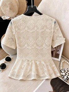 Weeklong Plus Size Women's Vacation Casual Commute Round Neck Hollow Out Woven Tape Lining Short Sleeve Blouse - Apricot - View 2