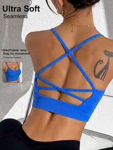 SHEIN Sovereign Charm Shoulder Strap Backless Casual Minimalist Sports Bra For Fitness - Royal Blue - View 4