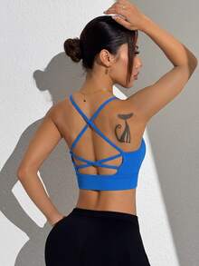 SHEIN Sovereign Charm Shoulder Strap Backless Casual Minimalist Sports Bra For Fitness - Royal Blue - View 6