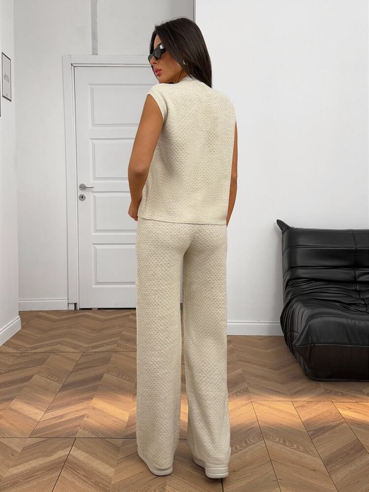 CLARA VERO Woman Button Front Vest And Sweater Pants Two Pieces Sweater Co-Ords,Loungewear Set,Petite,Winter Clothes, Tall Women - Beige - View 2