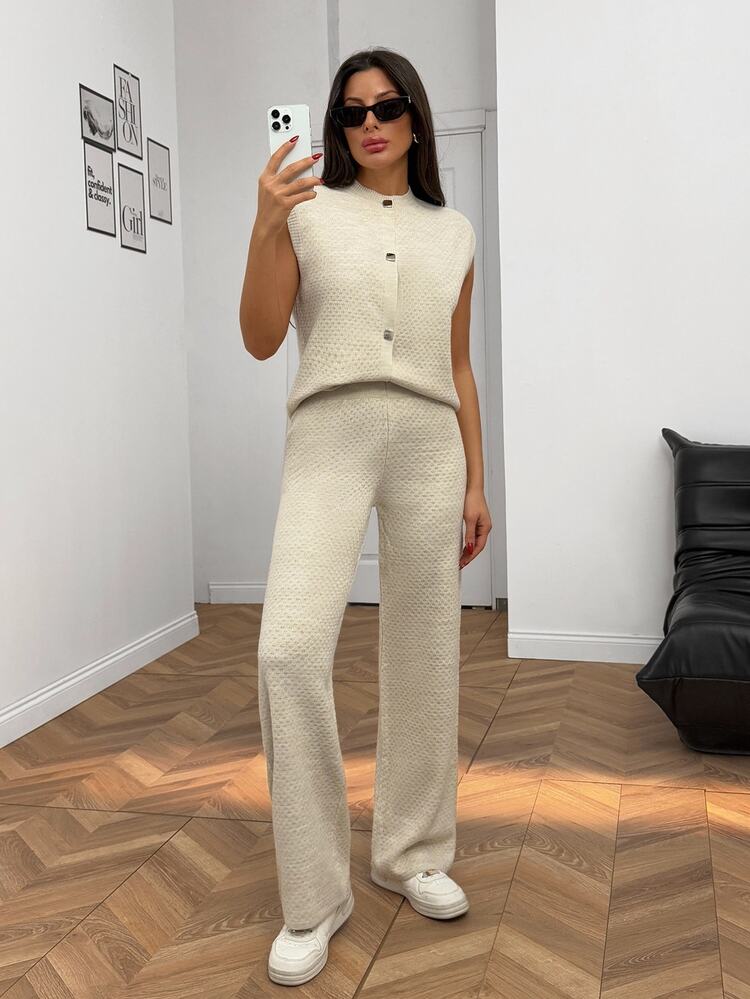 CLARA VERO Woman Button Front Vest And Sweater Pants Two Pieces Sweater Co-Ords,Loungewear Set,Petite,Winter Clothes, Tall Women - Beige - View 6