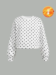 SHEIN 青少年女孩秋季波點黑白休閒長袖運動衫日常簡約款 - 黑與白 - 查看 3