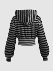 SHEIN 青少年女孩秋季黑色條紋短版休閒衛衣，度假暗黑風街頭穿搭 - 黑色 - 查看 4
