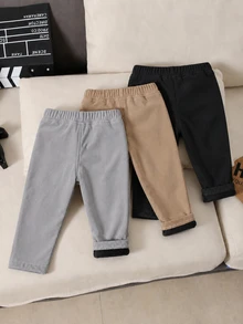 SHEIN Vintaside Kids 3件組男嬰燈芯絨長褲 學院風 灰色黑色 抓絨內裡 羅紋鈕扣口袋 加厚 生日派對 冬季聖誕節假期 婚禮賓客 素色 - 彩色 - 查看 2