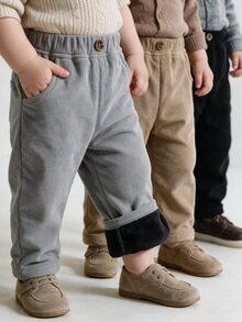 SHEIN Vintaside Kids 3件組男嬰燈芯絨長褲 學院風 灰色黑色 抓絨內裡 羅紋鈕扣口袋 加厚 生日派對 冬季聖誕節假期 婚禮賓客 素色 - 彩色 - 查看 11