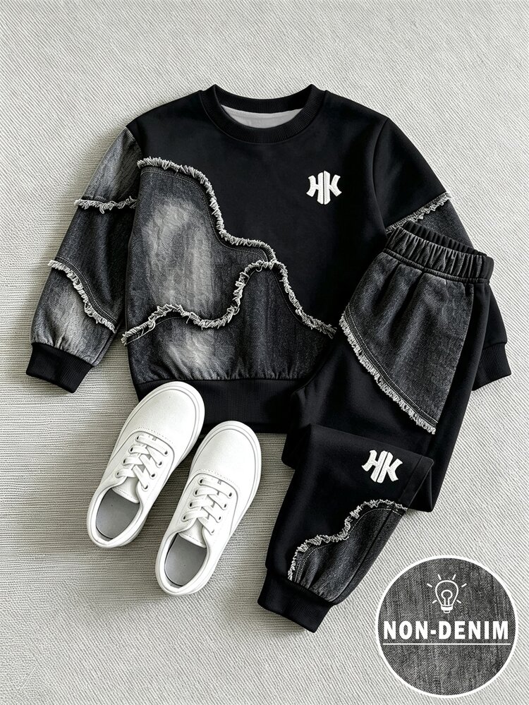 Young Girl 2pcs Set Casual Fashion Spring Summer Autumn Boys Crew Neck Sweatshirt & Sweatpants Set, Cool Geometric Patchwork Pattern, Elastic Soft Fabric, Spring Summer Autumn Boys Outfit, Suitable For Casual Outings, Back To School, Parties, Outdoor Picnics, Street Photography, Campus, Festivals, Gifts - Multicolor - View 4