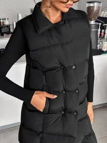 SHEIN Women's Water-Resistant Longline Quilted Puffer Vest - Black - View 7
