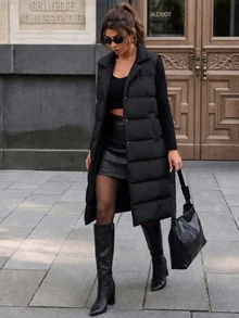 SHEIN Women's Water-Resistant Longline Quilted Puffer Vest - Black - View 10