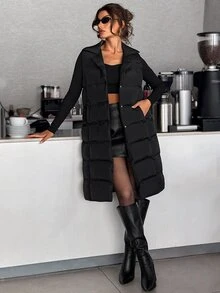 SHEIN Women's Water-Resistant Longline Quilted Puffer Vest - Black - View 4