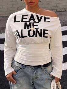 Muchica Plus Size Women's Slogan Print Asymmetrical Shoulder Long Sleeve Ruched Casual T-Shirt Fall - White - View 6