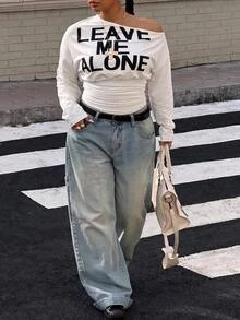 Muchica Plus Size Women's Slogan Print Asymmetrical Shoulder Long Sleeve Ruched Casual T-Shirt Fall - White - View 4