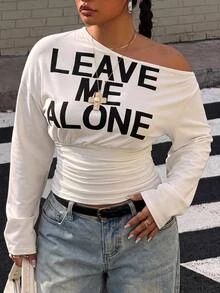 Muchica Plus Size Women's Slogan Print Asymmetrical Shoulder Long Sleeve Ruched Casual T-Shirt Fall - White - View 3
