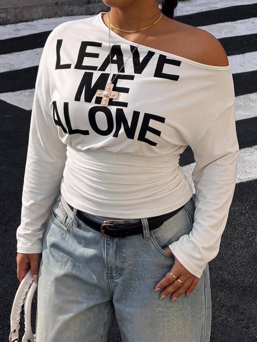 Muchica Plus Size Women's Slogan Print Asymmetrical Shoulder Long Sleeve Ruched Casual T-Shirt Fall - White - View 1