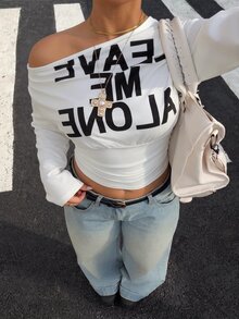 Muchica Plus Size Women's Slogan Print Asymmetrical Shoulder Long Sleeve Ruched Casual T-Shirt Fall - White - View 5