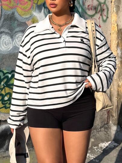 Muchica Plus Size Button Half-Placket Embroidered Striped Long Sleeve Sweatshirt Fall