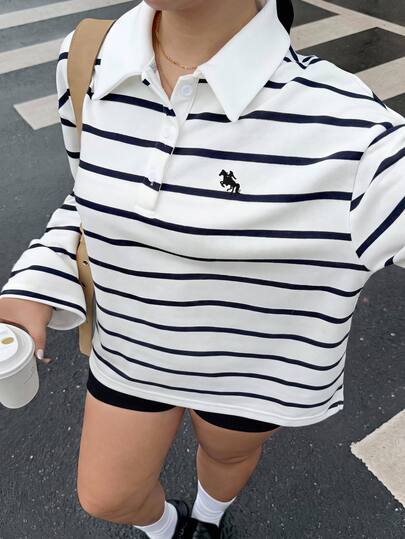 Muchica Plus Size Button Half-Placket Embroidered Striped Long Sleeve Sweatshirt Fall